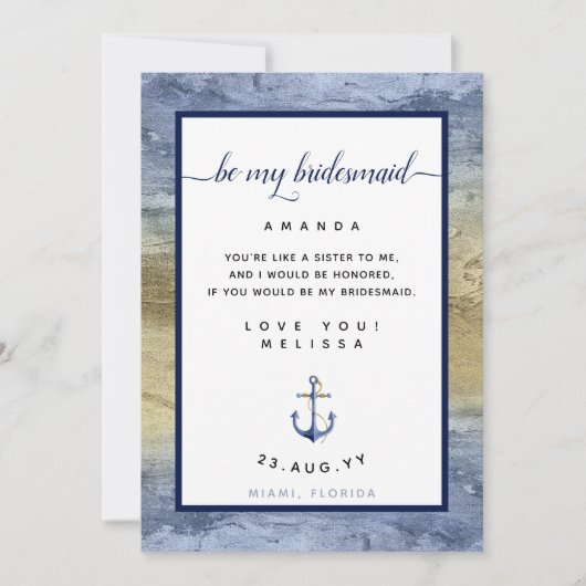 ブルー&金ゴールドブライドメイド提案#Nauticalカード 招待状 (正面)