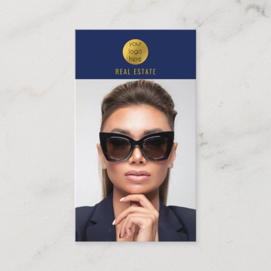 ブルー&金ゴールドプロフェッショナルフォト実在エステートエージェント 名刺 (正面)