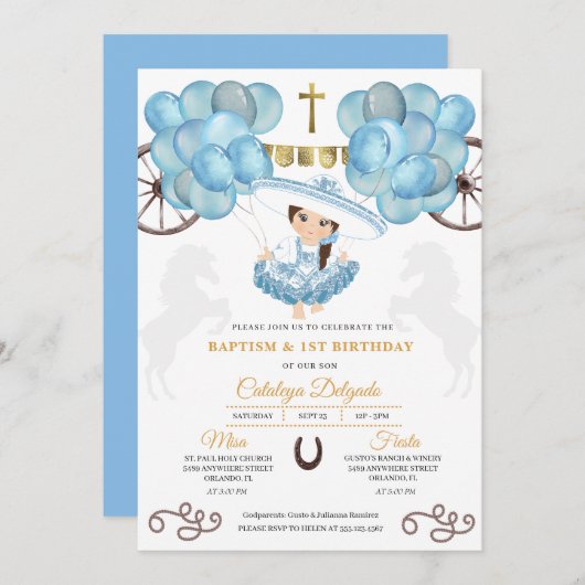 ブルー&金ゴールドベビーシャルラメキシコバルーンバプテスマ 招待状 (正面/裏面)
