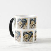 ブルー&金ゴールドボホフラワーハートアート モーフィングマグカップ (正面左)