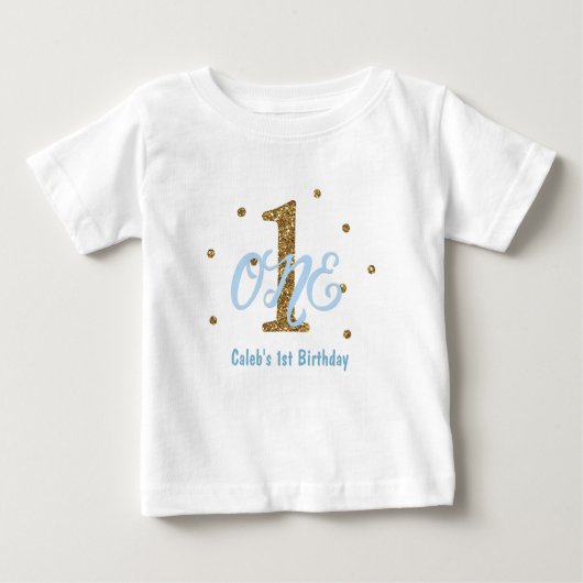 ブルー&金ゴールドボーイズONE誕生日パーティーカスタム ベビーTシャツ (正面)