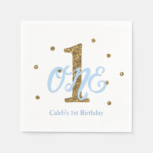 ブルー&金ゴールドボーイズONE 1st誕生日パーティー スタンダードカクテルナプキン (正面)