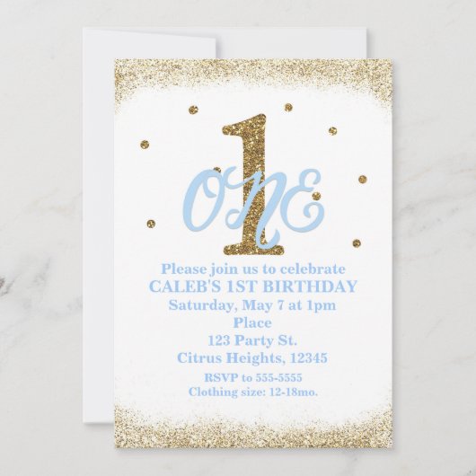 ブルー&金ゴールドボーイズONE 1st誕生日パーティー 招待状 (正面)