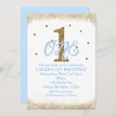 ブルー&金ゴールドボーイズONE 1st誕生日パーティー 招待状 (正面/裏面)