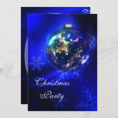 ブルー&金ゴールドボーブル&スノーフレーククリスマスパーティー 招待状 (正面/裏面)