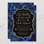 ブルー&金ゴールドミッドナイトクリスタル銀河系21st誕生日 招待状 (正面/裏面)
