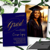 ブルー&金ゴールドミニマルの台本の卒業式の写真 招待状