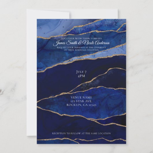ブルー&金ゴールドモダンアゲテミニマルグラム結婚ズ 招待状 (正面)