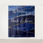 ブルー&金ゴールドモダンアゲテミニマルグラム結婚タップ タペストリー (正面)