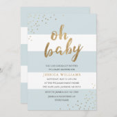 ブルー&金ゴールドモダンオストライプベイビーシャワー招待状 招待状 (正面/裏面)