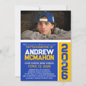 ブルー&金ゴールドモダン卒業写真のお知らせ 招待状 (正面)