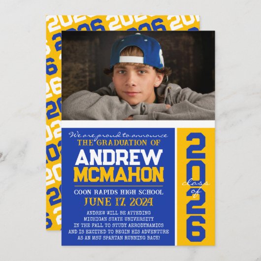 ブルー&金ゴールドモダン卒業写真のお知らせ 招待状 (正面/裏面)