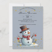 ブルー&金ゴールドリトルスノーフレーク雪だるまベビーシャワー 招待状 (正面)