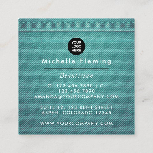 ブルー&金ゴールドリネンファブリックデニムスクエアビジネス スクエア名刺 (裏面)