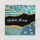 ブルー&金ゴールドリネンファブリックデニムスクエアビジネス スクエア名刺 (正面)