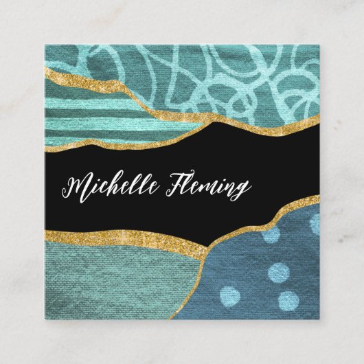 ブルー&金ゴールドリネンファブリックデニムスクエアビジネス スクエア名刺 (正面)