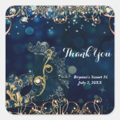 ブルー&金ゴールド仮装マスク誕生日パーティー スクエアシール (正面)