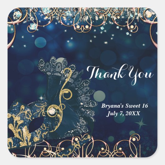 ブルー&金ゴールド仮装マスク誕生日パーティー スクエアシール (正面)