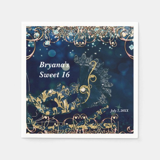 ブルー&金ゴールド仮装マスク誕生日パーティー スタンダードカクテルナプキン (正面)