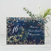 ブルー&金ゴールド仮装仮装マスク誕生日パーティー 招待状 (スタンド正面)