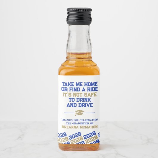 ブルー&金ゴールド卒業ドリンク&ドライブミニ リキュールボトルラベル (正面)