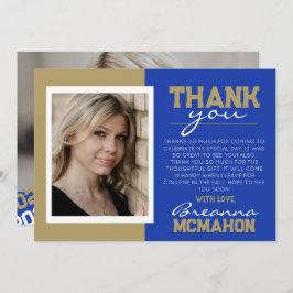 ブルー&金ゴールド卒業2写真サンキューカード 招待状