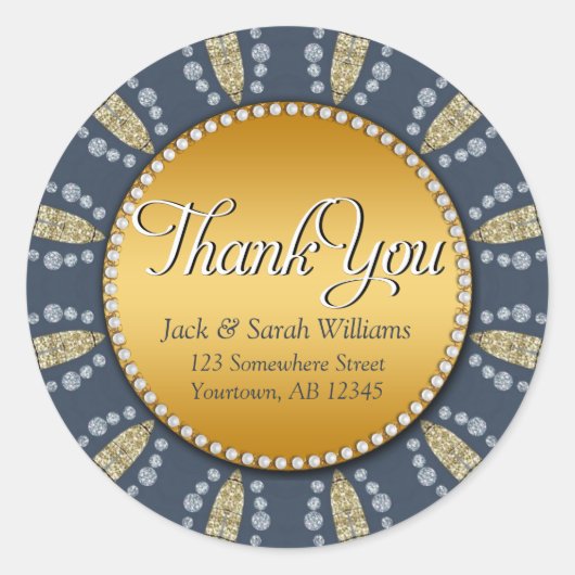 ブルー+金ゴールド地中海のサンキューラウンドステッカー ラウンドシール (正面)