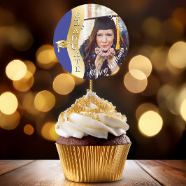 ブルー |金ゴールド大学院のWAVE GRAD CAP写真 ラウンドシール