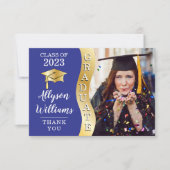 ブルー |金ゴールド大学院生Wave Grad Cap写真 サンキューカード (正面)