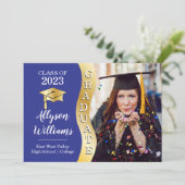 ブルー |金ゴールド大学院生Wave Grad Cap写真 案内状 (スタンド正面)