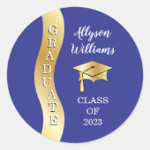 ブルー |金ゴールド大学院Wave Grad Cap ラウンドシール (正面)