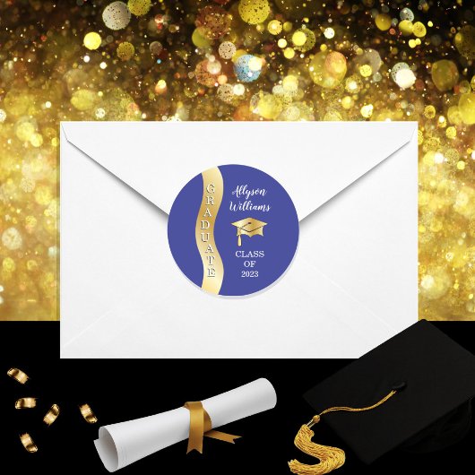 ブルー |金ゴールド大学院Wave Grad Cap ラウンドシール