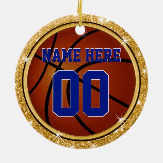 ブルー&金ゴールド女子バスケットボールチーム贈与アイディア セラミックオーナメント (裏面)