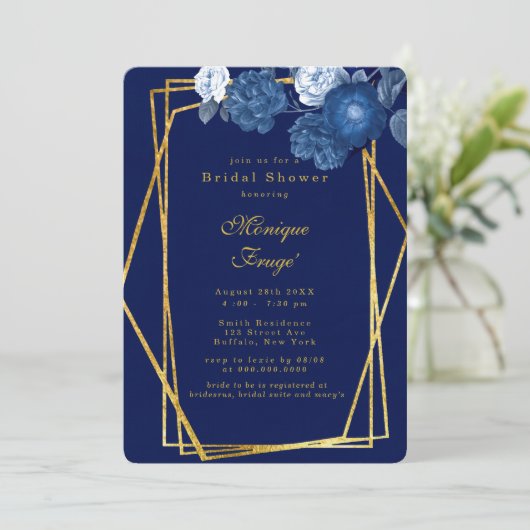 ブルー&金ゴールド幾何学的フローラブライダルシャワー 招待状 (スタンド正面)