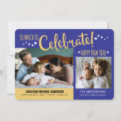 ブルー&金ゴールド新年写真男の赤ちゃんのお知らせ シーズンカード (正面)