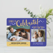 ブルー&金ゴールド新年写真男の赤ちゃんのお知らせ シーズンカード (スタンド正面)