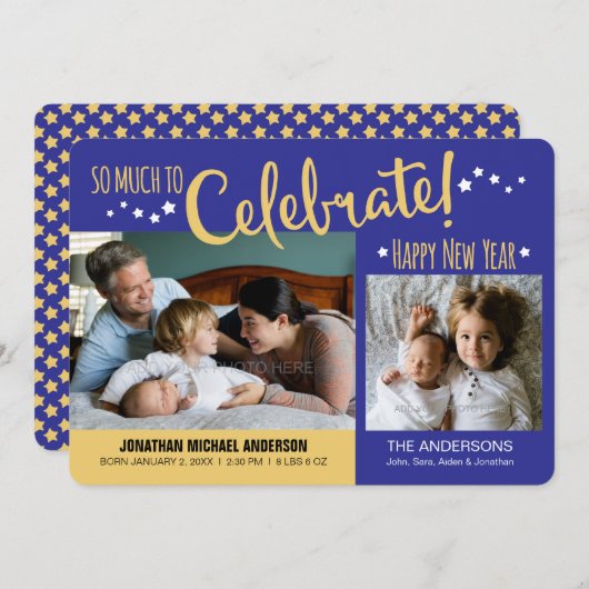 ブルー&金ゴールド新年写真男の赤ちゃんのお知らせ シーズンカード (正面/裏面)