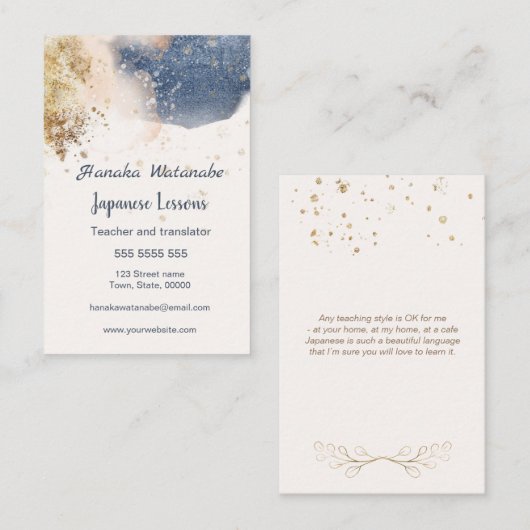 ブルー&金ゴールド水彩日本の言語チューター 名刺 (正面/裏面)