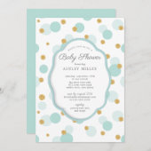 ブルー&金ゴールド水玉模様ボーイズ赤ちゃんシャワー 招待状 (正面/裏面)