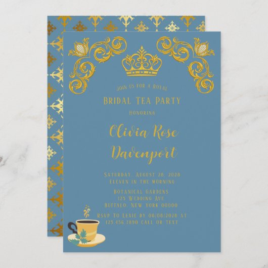 ブルー&金ゴールド王室のクラウンダマスクブライダルティーパーティー 招待状 (正面/裏面)