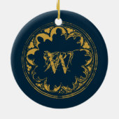 ブルー&金ゴールド素朴ヴィンテージ動揺してモノグラム セラミックオーナメント (裏面)