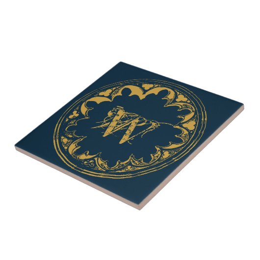 ブルー&金ゴールド素朴ヴィンテージ動揺してモノグラム タイル (側面)