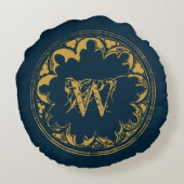 ブルー&金ゴールド素朴ヴィンテージ動揺してモノグラム ラウンドクッション (裏面)