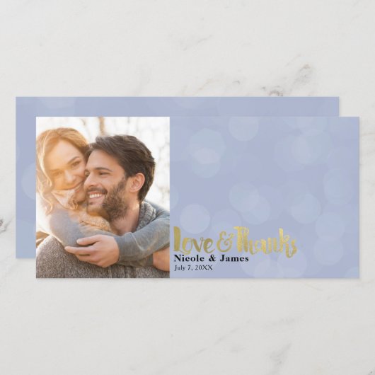 ブルー&金ゴールド結婚ズの写真の愛と感謝していありがとう サンキューカード (正面/裏面)