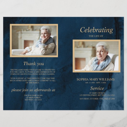 ブルー&金ゴールド葬儀プログラム |サービスの順序 (正面)