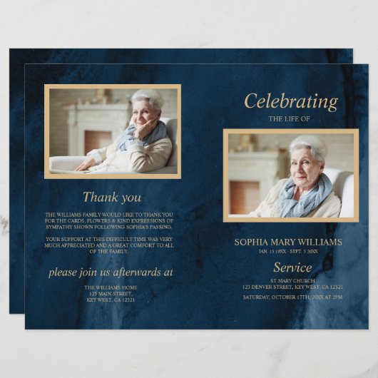 ブルー&金ゴールド葬儀プログラム |サービスの順序 (正面/裏面)