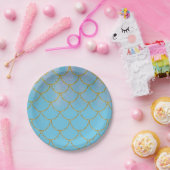 ブルー&金ゴールド虹色きらめくマーメイドパーティー ペーパープレート (パーティー)