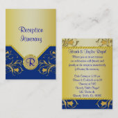 ブルー&金ゴールド開花つる植物モノグラム結婚ズ エンクロージャーカード (正面/裏面)