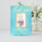 ブルー·金ゴールド·サンキュー·ベイビー·シャワー·ボーイ|写真 サンキューカード (スタンド正面)