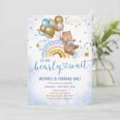 ブルー&金ゴールド・バルーン・テディベアの誕生パーティー  招待状 (スタンド正面)